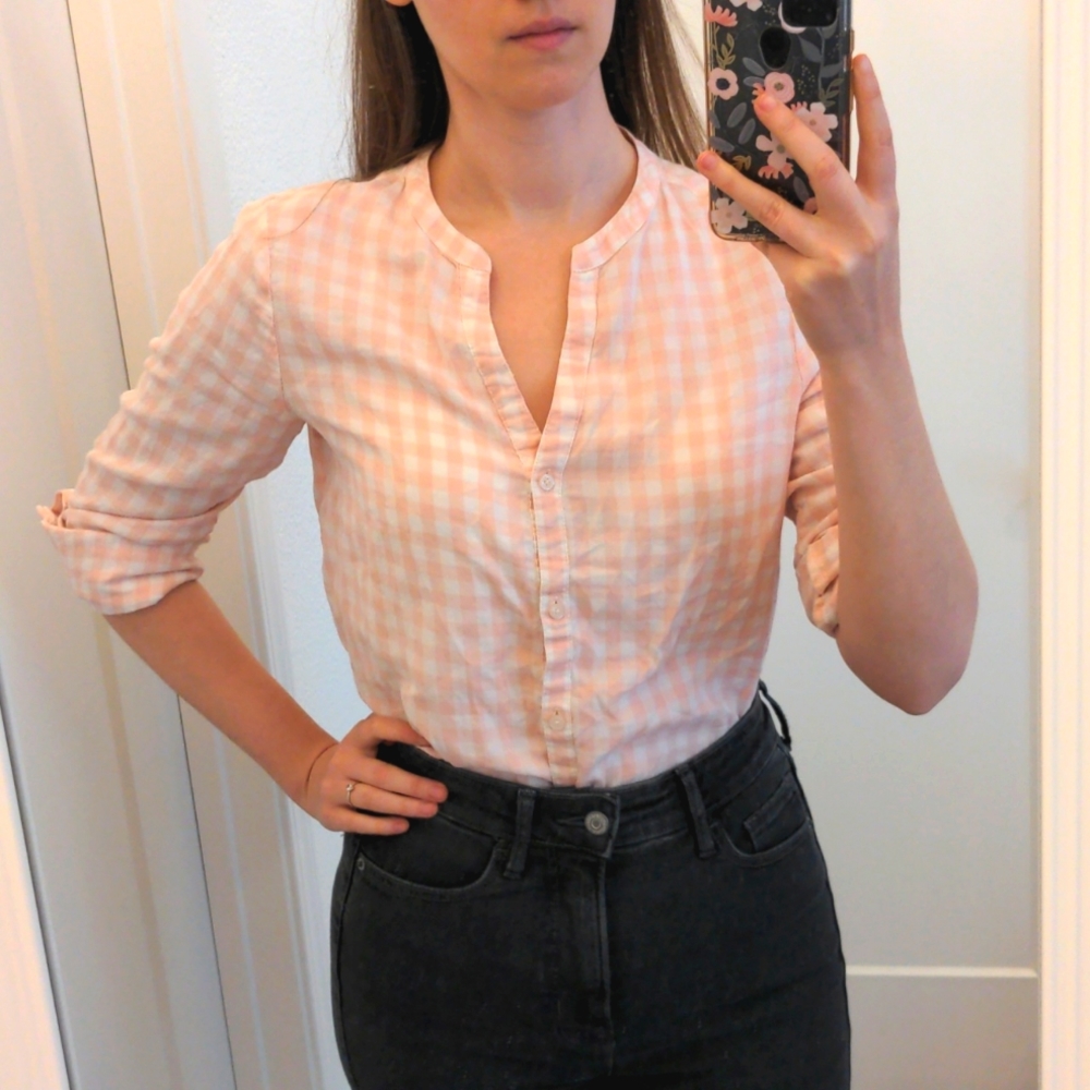 Calvin pink gingham button up roll up top